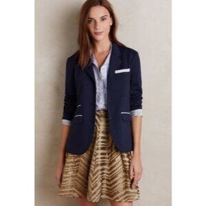Cartonnier Size 2 Navy Single Breasted Knit Blazer Contrast Trim Pockets Stretch